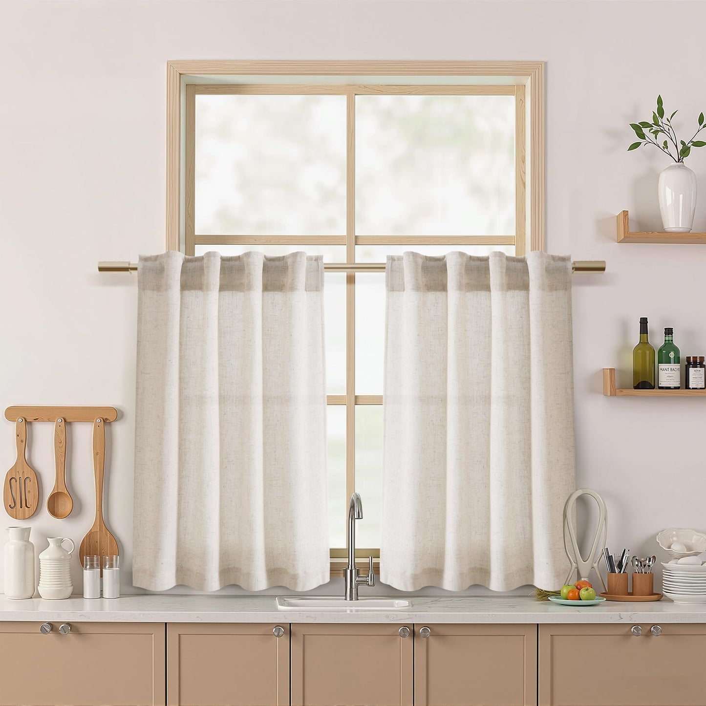 Nanspring Natural Linen Curtains for Kitchen Windows Over Sink - Cafe Curtain Semi Sheer with Rod Pocket and Back Tab Lightweight Rustic Textured Bistro Curtains for Bathroom, 2 Panels 25 x 24 Inch