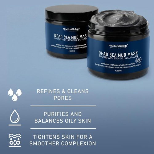 New York Biology Dead Sea Mud Mask - Spa Quality Pore Refiner with Stem Cell & Collagen | 4 oz for Oily Skin