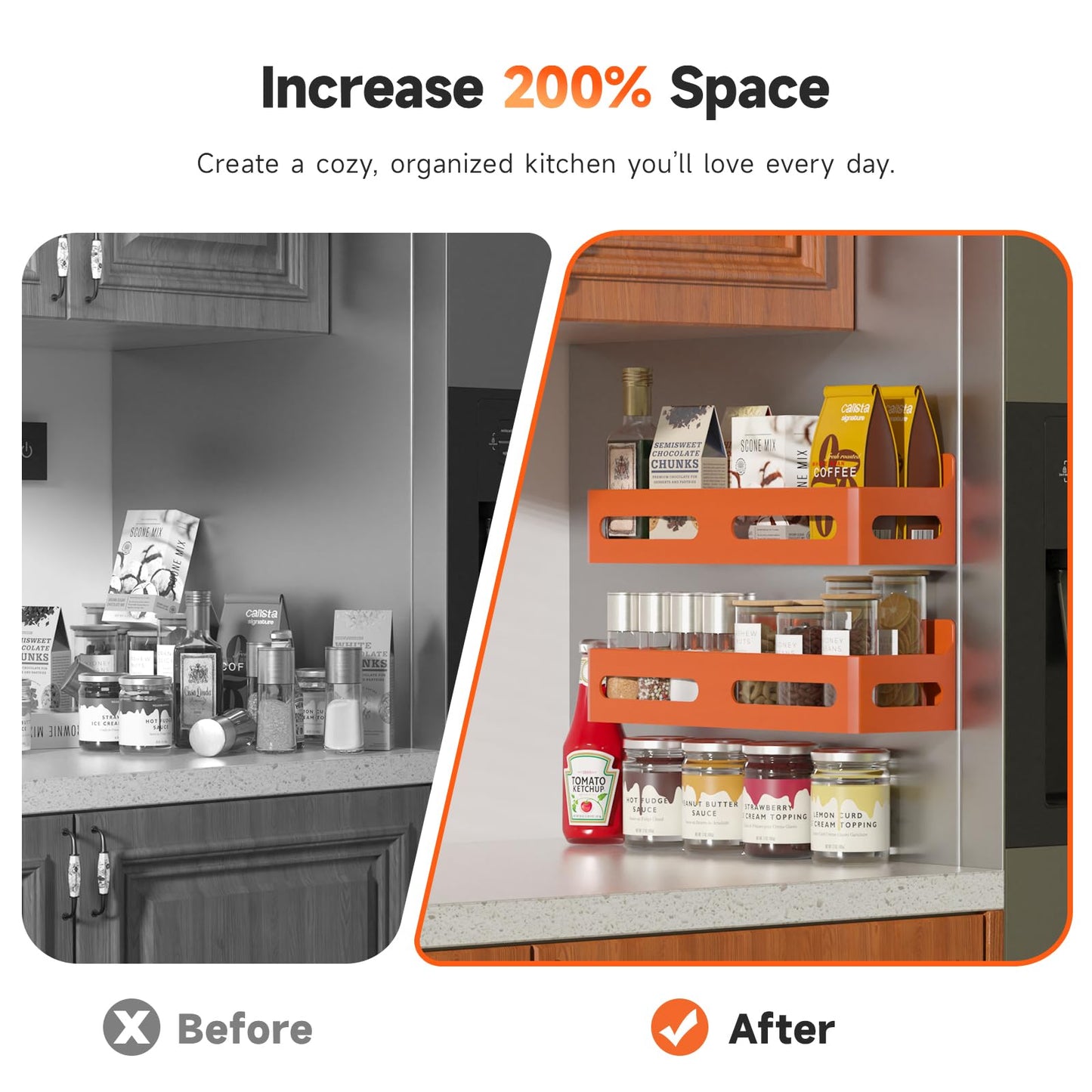 4 Pack Strong Magnetic Spice Rack for Refrigerator, Multipurpose Magnetic Shelf for Fridge with 4 Hooks for kitchen and Bathroom Organization, Black