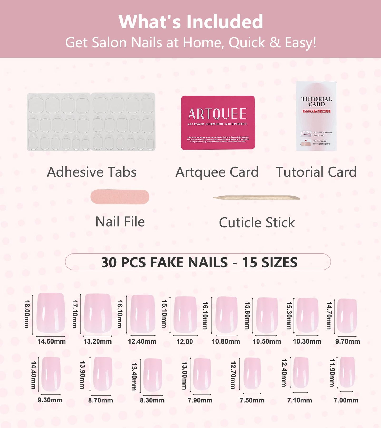 Artquee Press on Nails Short Soft Nude Square False Tips Glossy Reusable Fake Stick on Nails Kit for Women - 30 PCS 15 Sizes