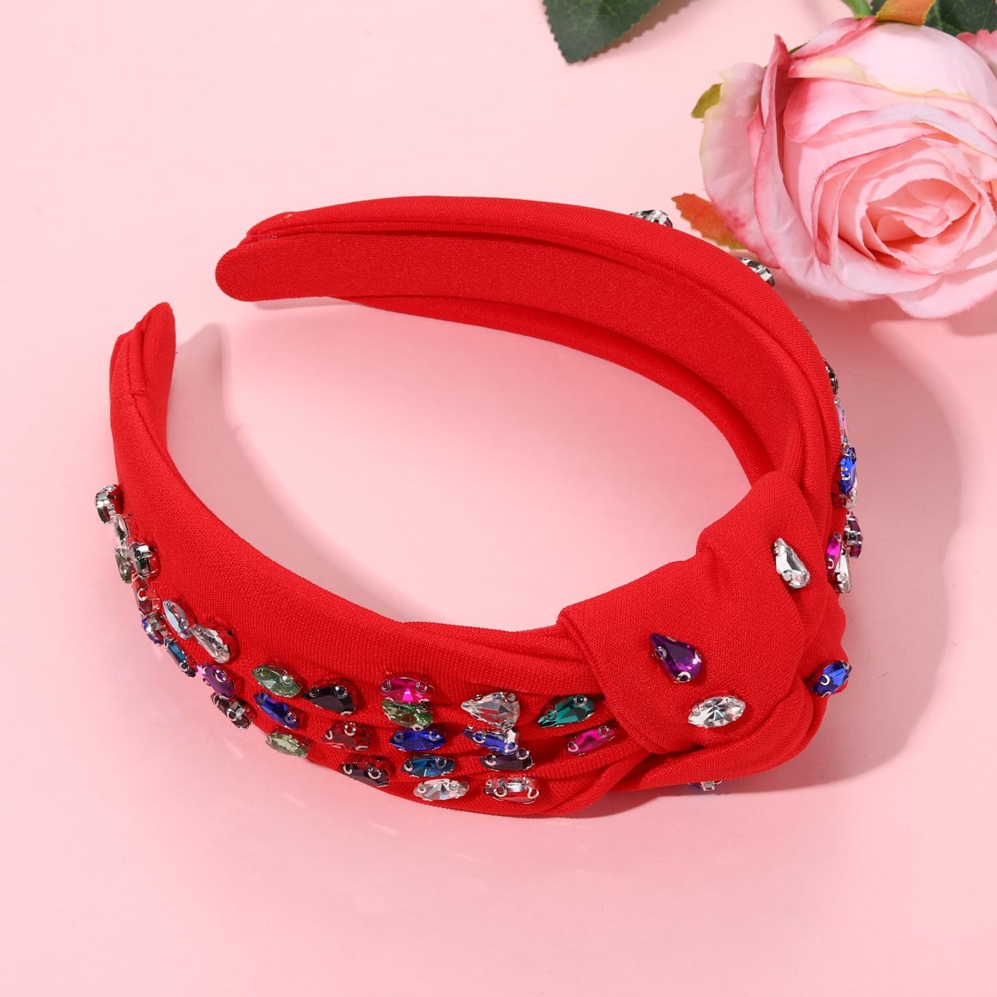 BVGA Crystal Knotted Jeweled Headband for Women Valentine's Day Rhinestone Crystal Embellished Red Hairband Top Knot Headbands Summer Luxury Fashion Wide Ladies Hair Accessories for Girls(Red)