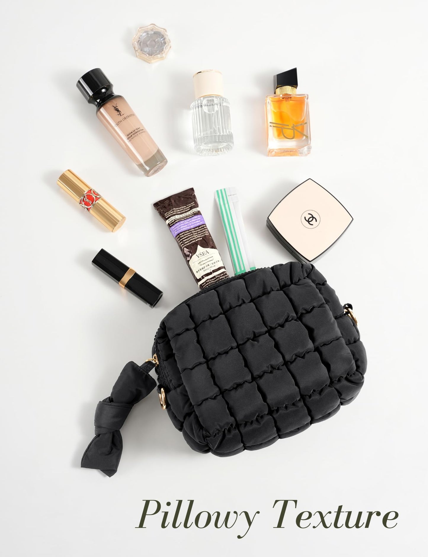 Yarnic Quilted Makeup Bag Cosmetic Bag, Travel Toiletry Bag for Women, Cute Makeup Bag Organizer Puffer Makeup Pouch (S, Black)