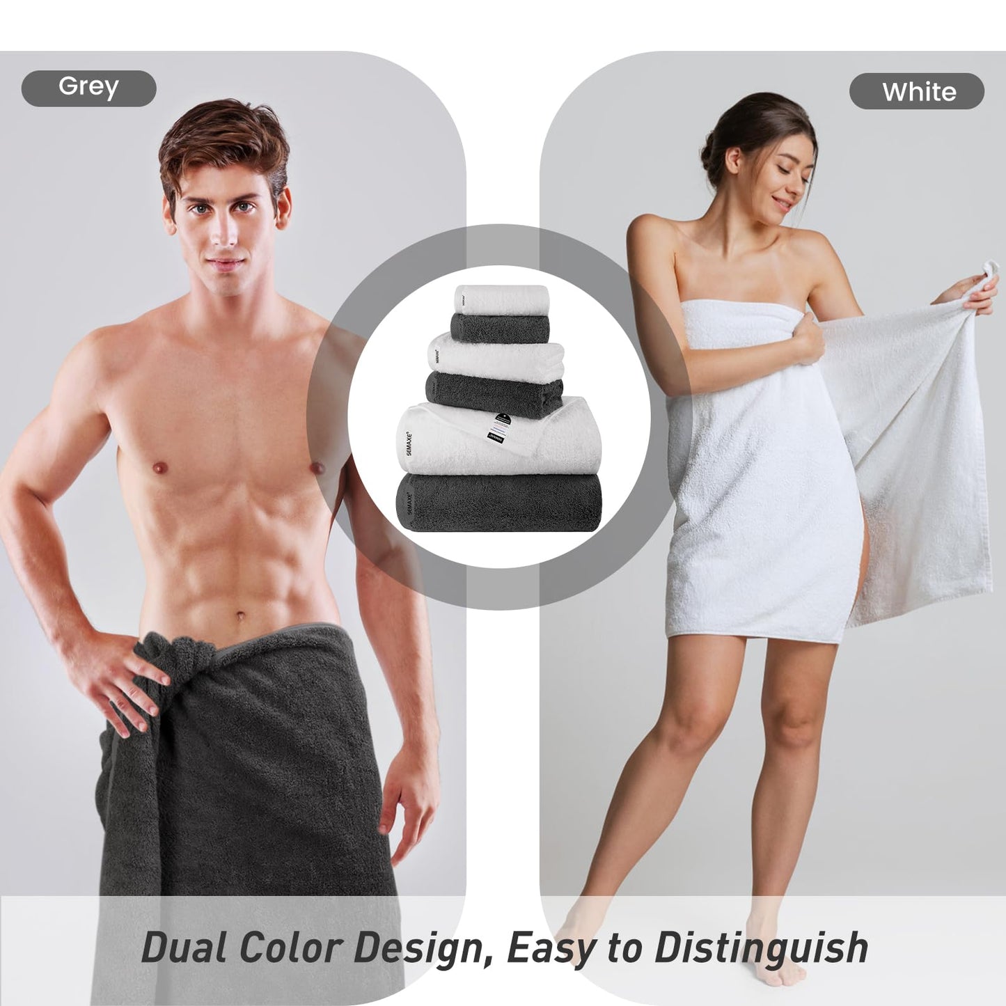 SEMAXE 12-Piece Mixed Color Towel Set (White, Grey) - 100% Cotton, Lightweight, Absorbent, Quick-Drying Bathroom Towel, Ideal for Couples and Gifts, Bath Towel, Hand Towel, and Washcloth Per Color