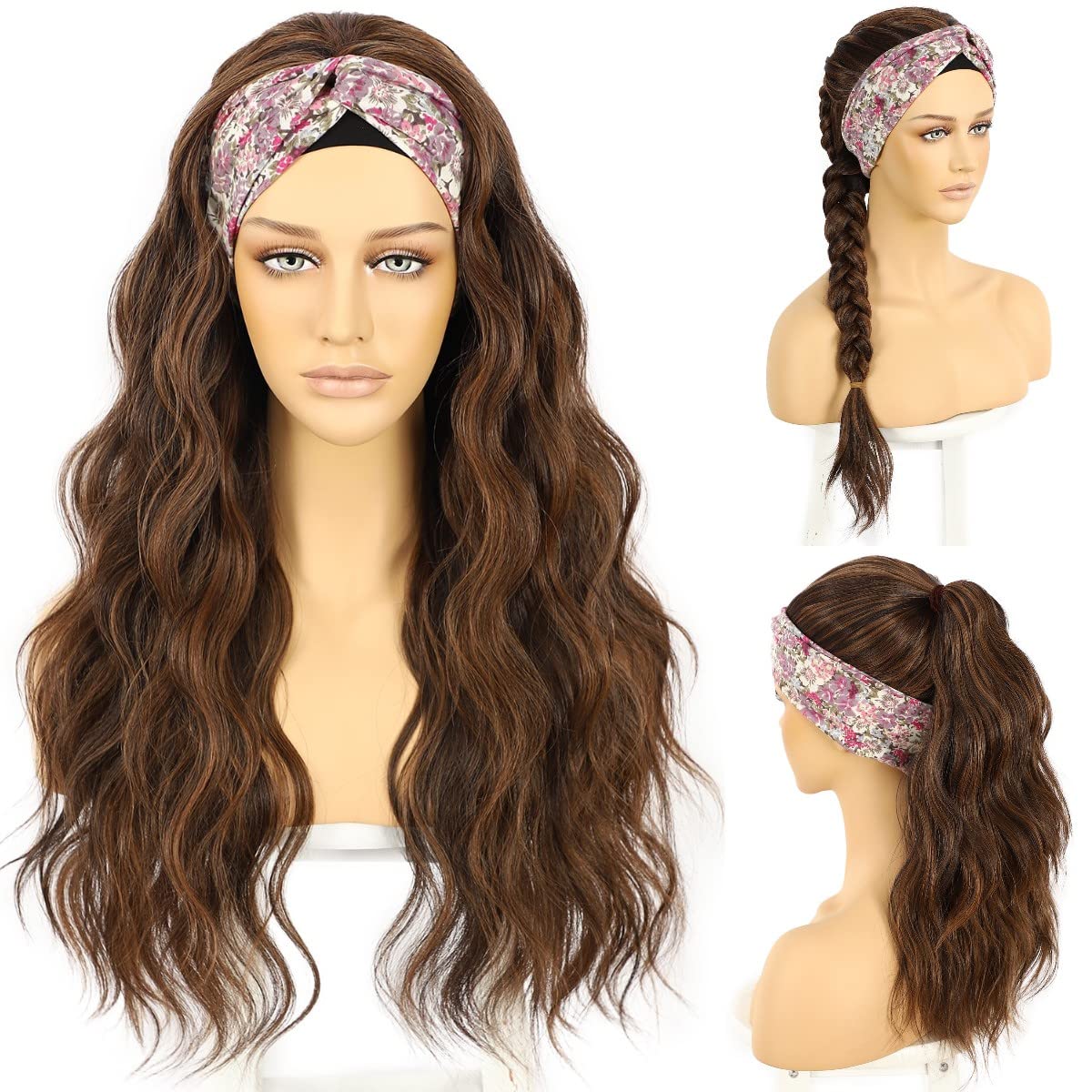 SAPPHIREWIGS Long Headband Wigs for Women Synthetic Headband Wig Natural Brown Highlight Color Loose Body Wavy Glueless Wigs with Headband Attached 150% Density 26 Inch