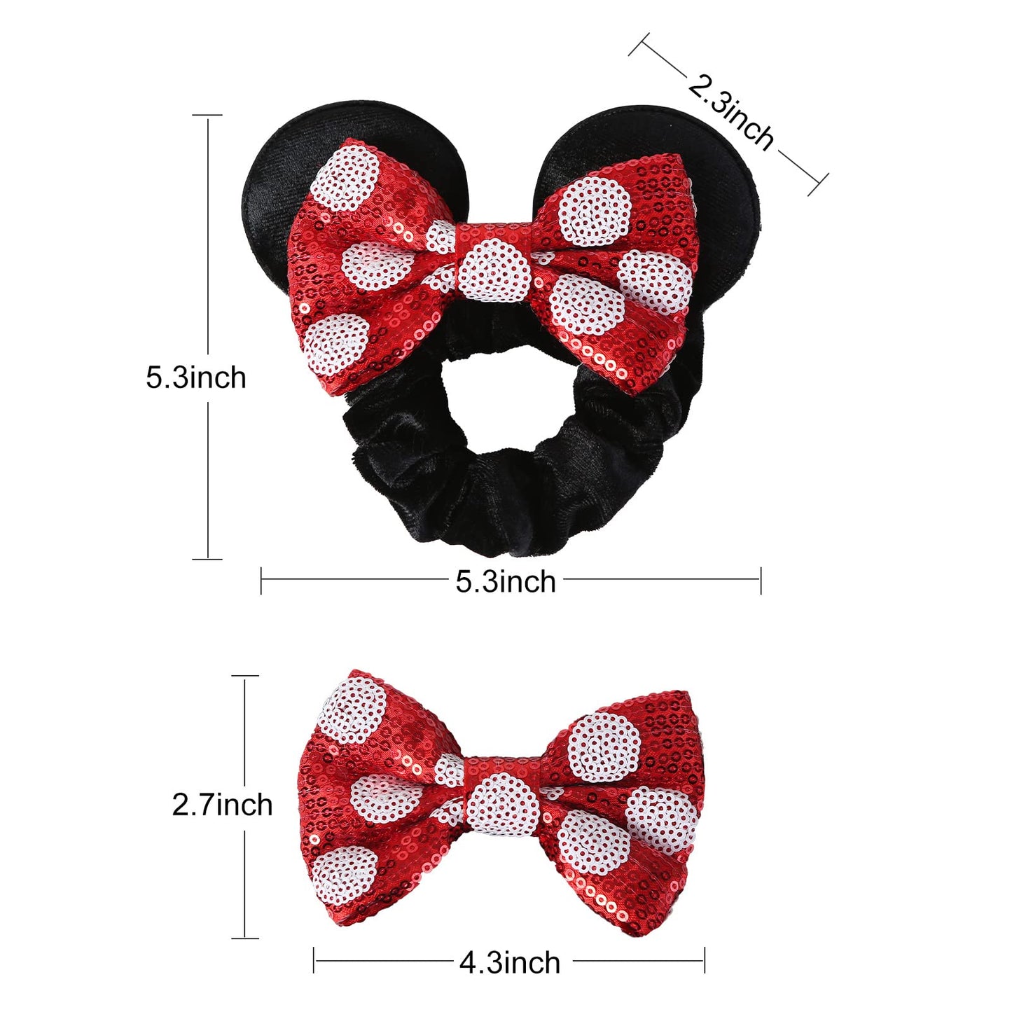 Nuolich 4PCS Mouse Ears Hair Clips & Mouse Ear Scrunchies Red Polka Dot Hair Bows Barrettes for Women Girls Costume Accessories Glitter Party Decorations