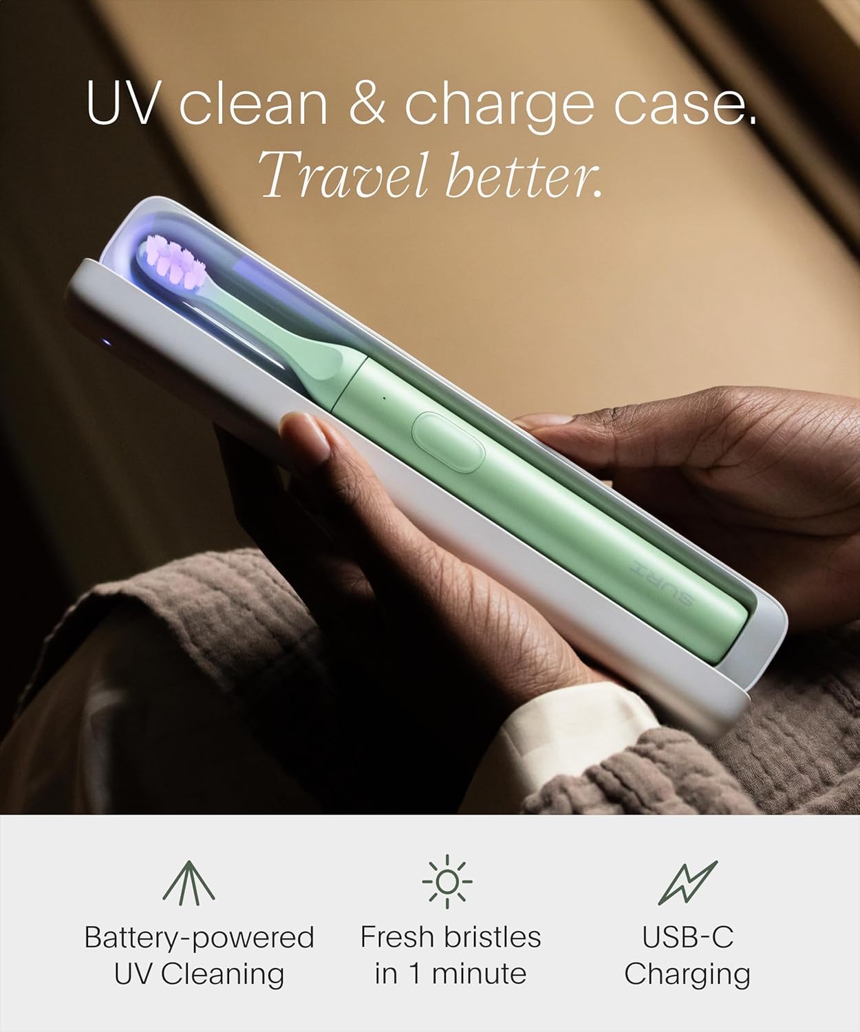SURI 2.0 Sonic Electric Toothbrush - Pressure Sensor & UV-Cleaning Case | 1 Month+ Battery | Green