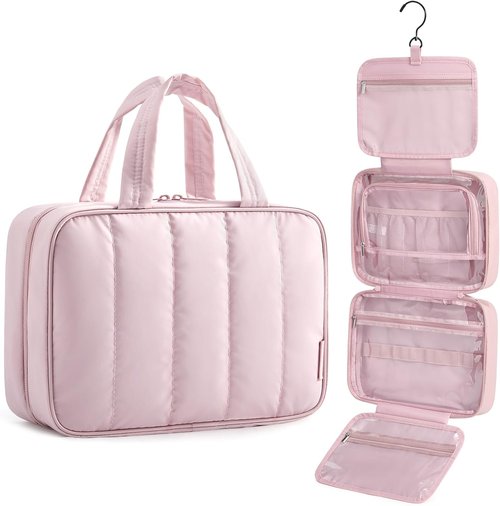 BAGSMART Travel Toiletry Bag - Waterproof Makeup Organizer with Hanging Hook | Pink, Full-Size Accessories