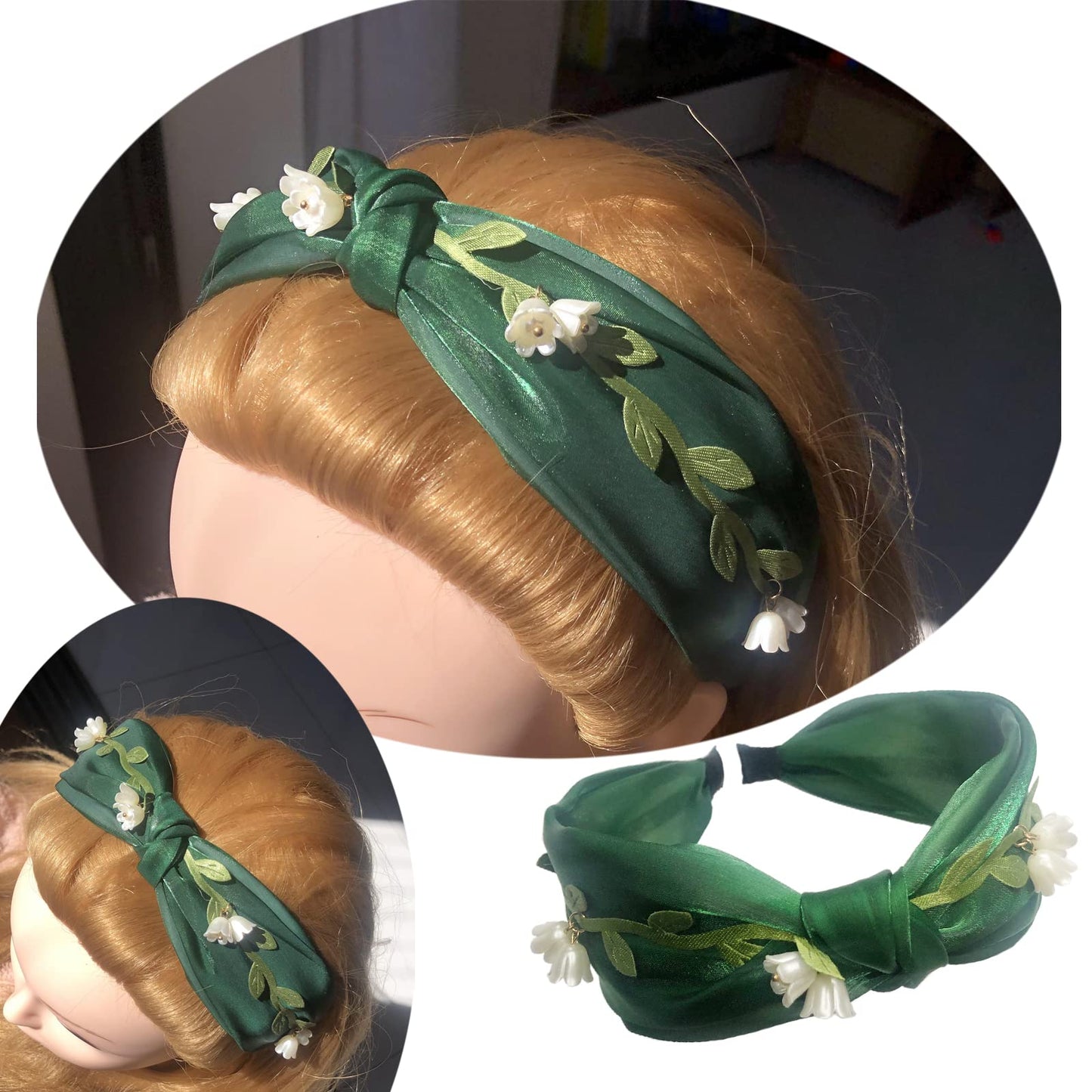 LINAYOHA 1 Pcs Flower Headbands For Women Girl Wide Top Knotted Turban Headbands Vintage Satin Fabric Hairband Lady Headwear Hair Hoop for Birthday School Day Gift (Green)