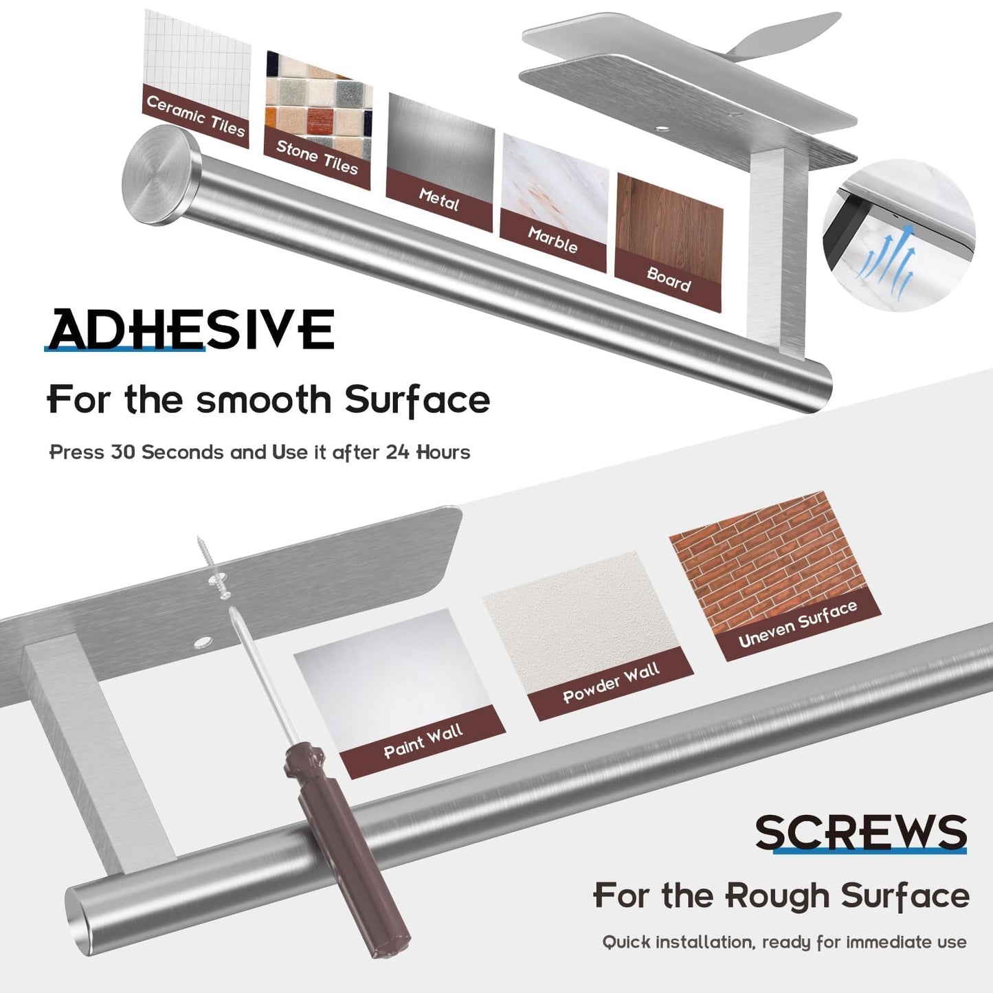 ASTOFLI Paper Towel Holder Under Cabinet No Drilling, Self Adhesive Paper Towel Holder Wall Mount for Kitchen Rack, Under Counter Napin Holder No Drill, 304 Stainless Steel Matte Black