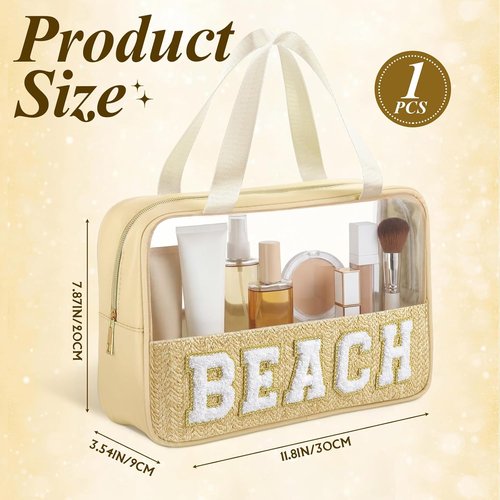 Kajaia Clear Beach Bag - Large Woven Transparent Makeup & Toiletry Storage | Boho Chenille Design - Beige