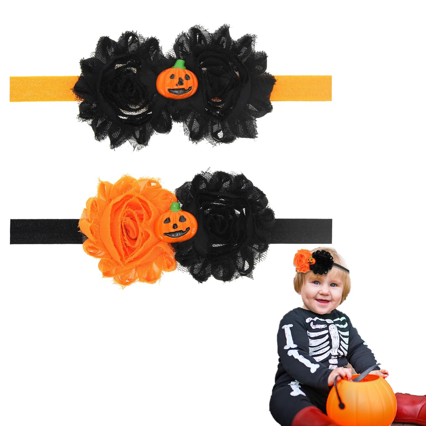 Halloween Baby Girl Headbands,2Pcs Black Orange Flower Pumpkin Elastic Halloween Bow Headband Stretchy Cotton Lace Toddler Hair Band Halloween Baby Hair Accessories for Newborns Infants Toddlers Kids