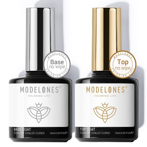 modelones Gel Nail Polish Top Base Coat, 2 PCS Clear High Glossy No Wipe Long Lasting Soak Off Home Salon DIY Manicure Gift for Women