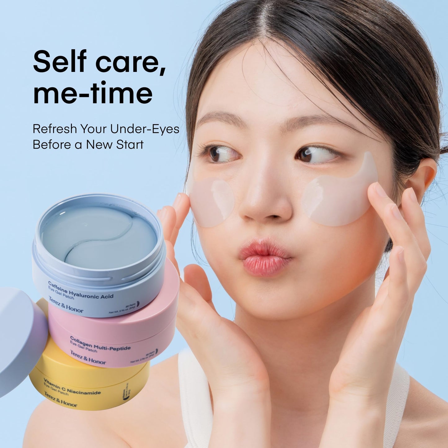 Terez & Honor Under Eye Patches for Dark Circles - 60 Korean Hydrogel Masks for Puffiness, Bags, Wrinkle with Caffeine, Hyaluronic Acid, Niacinamide - Undereye Hydrating & Cooling, Vegan, No Fragrance