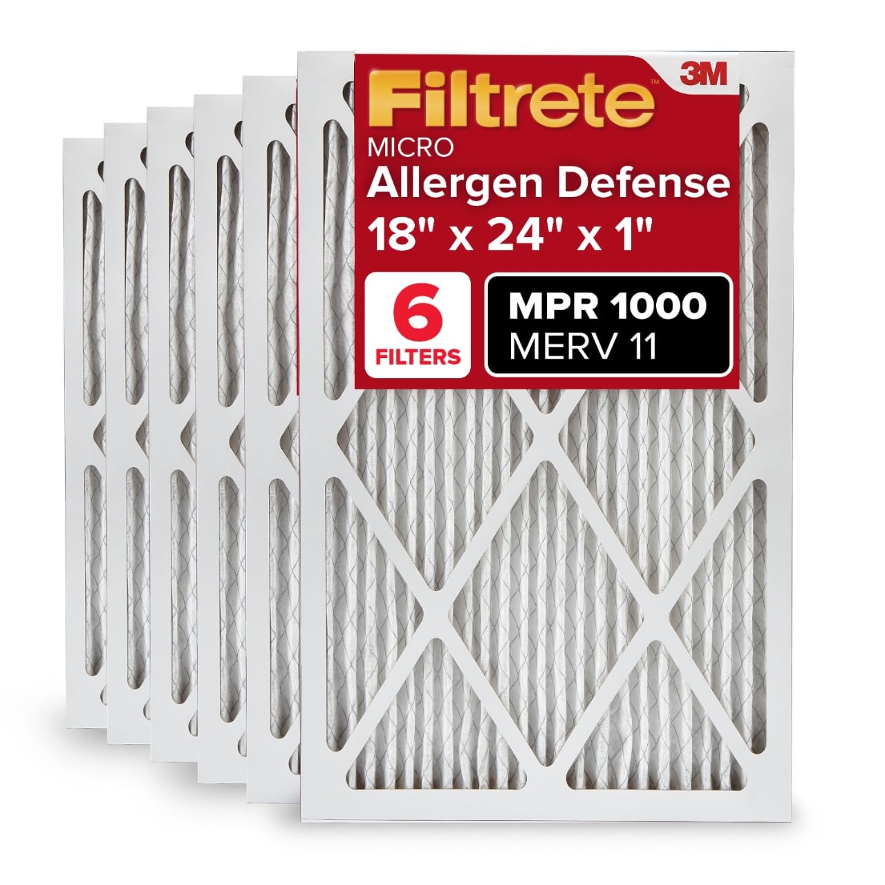Filtrete 10x20x1 AC Furnace Air Filter, MERV 11, MPR 1000, Micro Allergen Defense, 3-Month Pleated 1-Inch Electrostatic Air Cleaning Filter, 6 Pack (Actual Size 9.81x19.81x0.81 in)