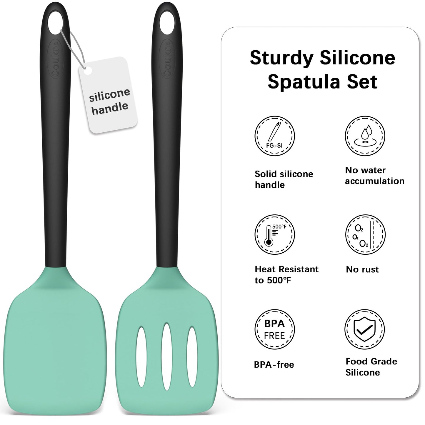 Coukre 2 Pack Silicone Spatula Set, High Heat Resistant, BPA Free Kitchen Spatula, Solid & Slotted Turner for Non-Stick Pans, Sautéing, and Flipping (2, AquaGreen)