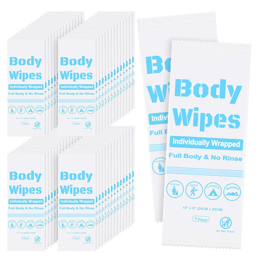 Skiennix Disposable Body Wipes - 50 Individually Wrapped Bath Wipes for Home & Travel | 7.8 x 9.8 Inch, No Rinse