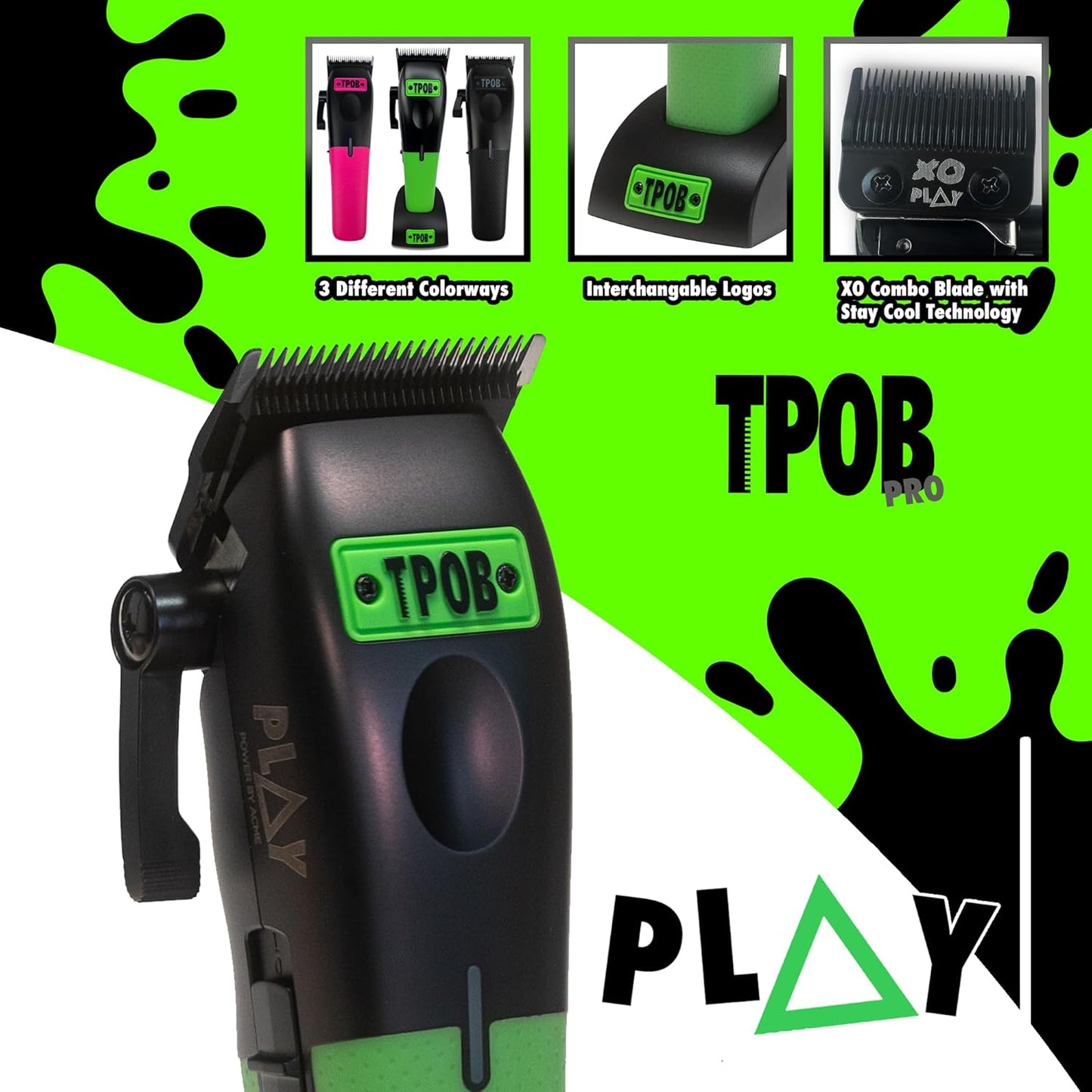 TPOB Barber Hair Clippers for Men - 7500 RPM Performance with Rubber Grips | Black/Green/Pink