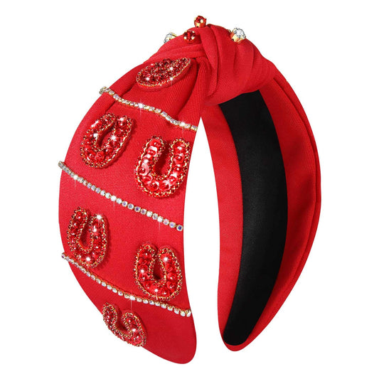 mokkia Kentucky Derby Headbands Accessories for Women Rhinestone Beaded Horseshoe Headbands Jeweled Wide Top Knot Headbands Derby Horse Race Day Headwear Outfits (Horseshoe-Red)