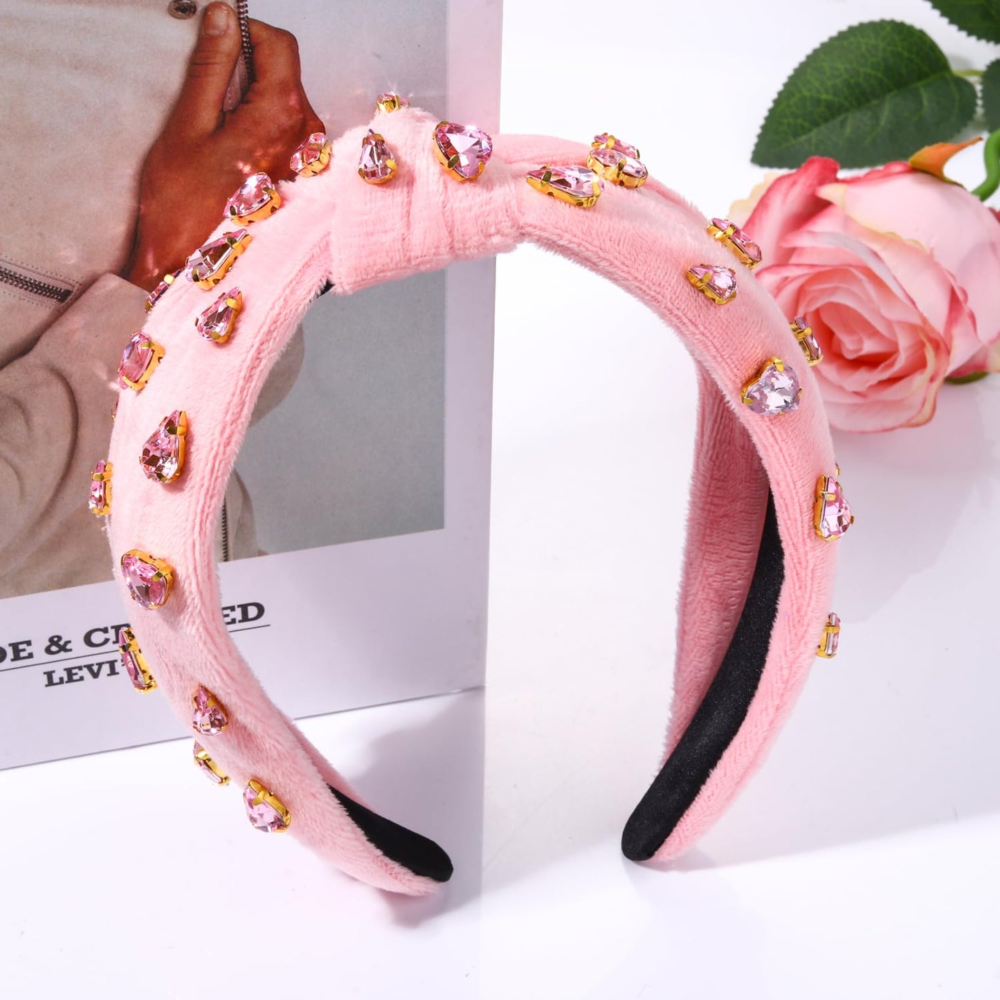 Valentine’s Day Heart Crystal Knotted Jeweled Headband for Women Valentine's Day Rhinestone Crystal Embellished Pink Hairband Top Knot Headbands Fashion Wide Ladies Hair Accessories for (Pink Velvet)