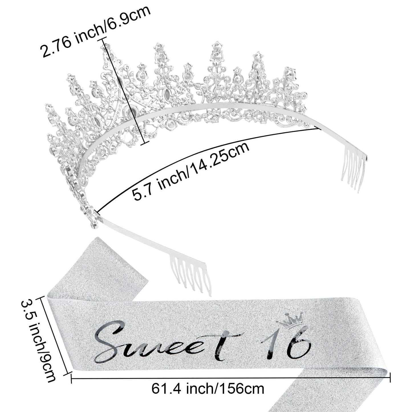 Canitor Sweet 16 Birthday Sashes and Tiaras for Girls 16th Crowns and Sash for Women 16th Birthday Party Decorations Birthday Gifts Party Supplies (silver)