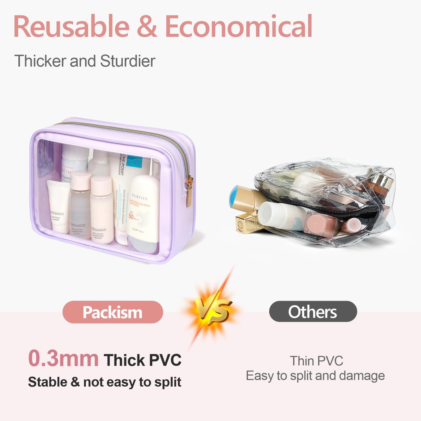 PACKISM TSA Approved Toiletry Bag - Amazing Color-Edged Clear Makeup Bag, 3 Pack in Spacious Space, Reusable Clear Toiletry Bags with Great Value, Purple