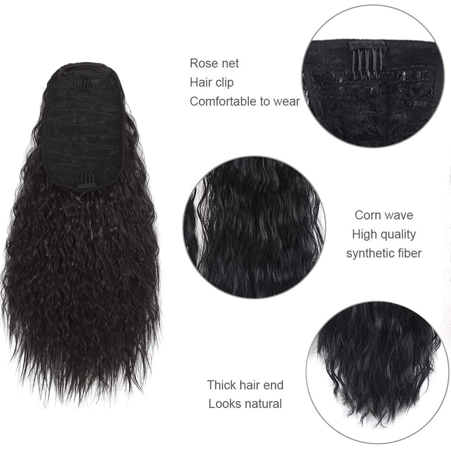 Uotp Short Drawstring Curly Ponytail 14 Inch Corn Wave Ponytails Clip in Synthetic Pony Tails Hairpieces for Black Women and Kids (Dark Brown)