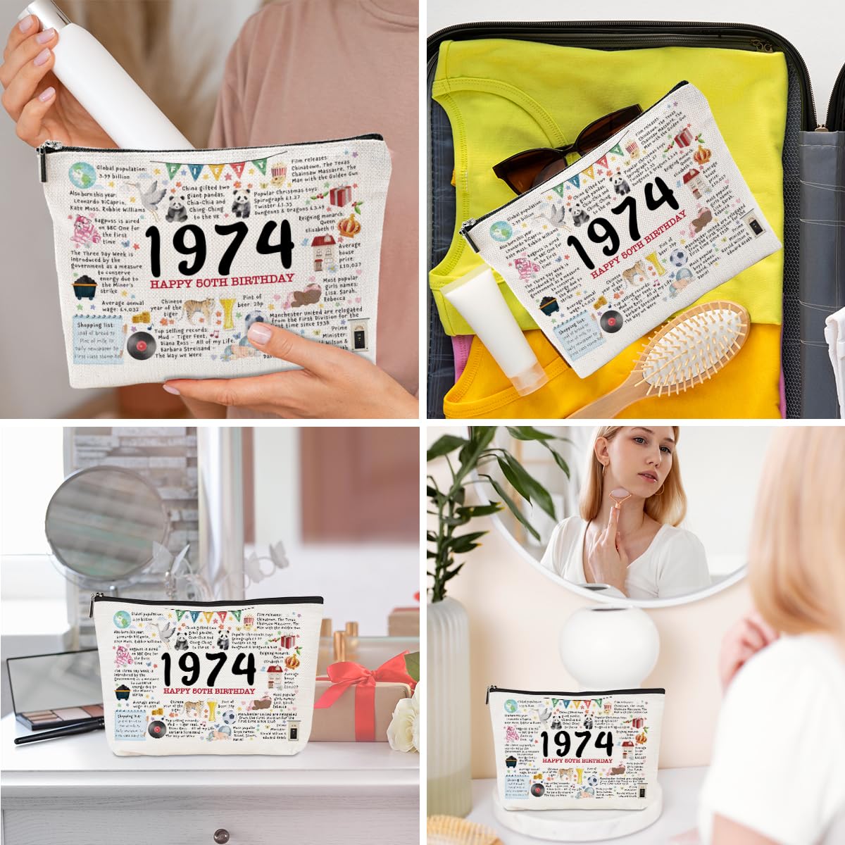 CVYW 50th Birthday Gifts for Her 1974 Makeup Bag 50 Year Old Gifts for Women Cosmetic Bag 50th Birthday Gift Ideas for Female Friend Sister Grandma Mom Retirement Birthday Travel Toiletry Bag