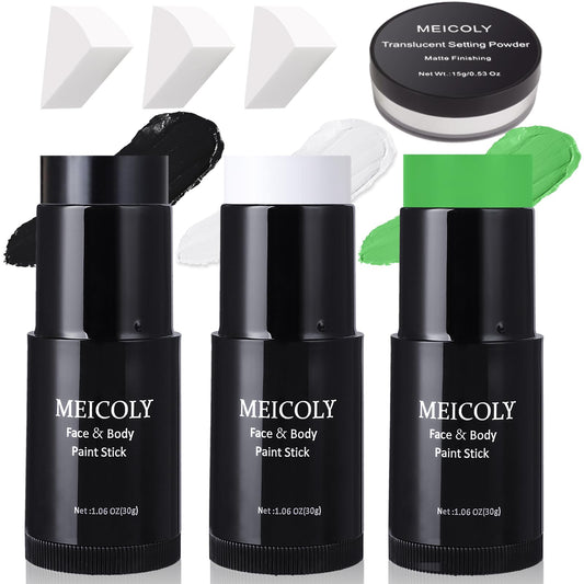 MEICOLY 7Pcs Black White Green Face Body Paint Stick Set with Setting Powder and Sponges,Clown Black White Face Paint,Green Body Paint for Halloween SFX Cosplay Makeup,Waterproof