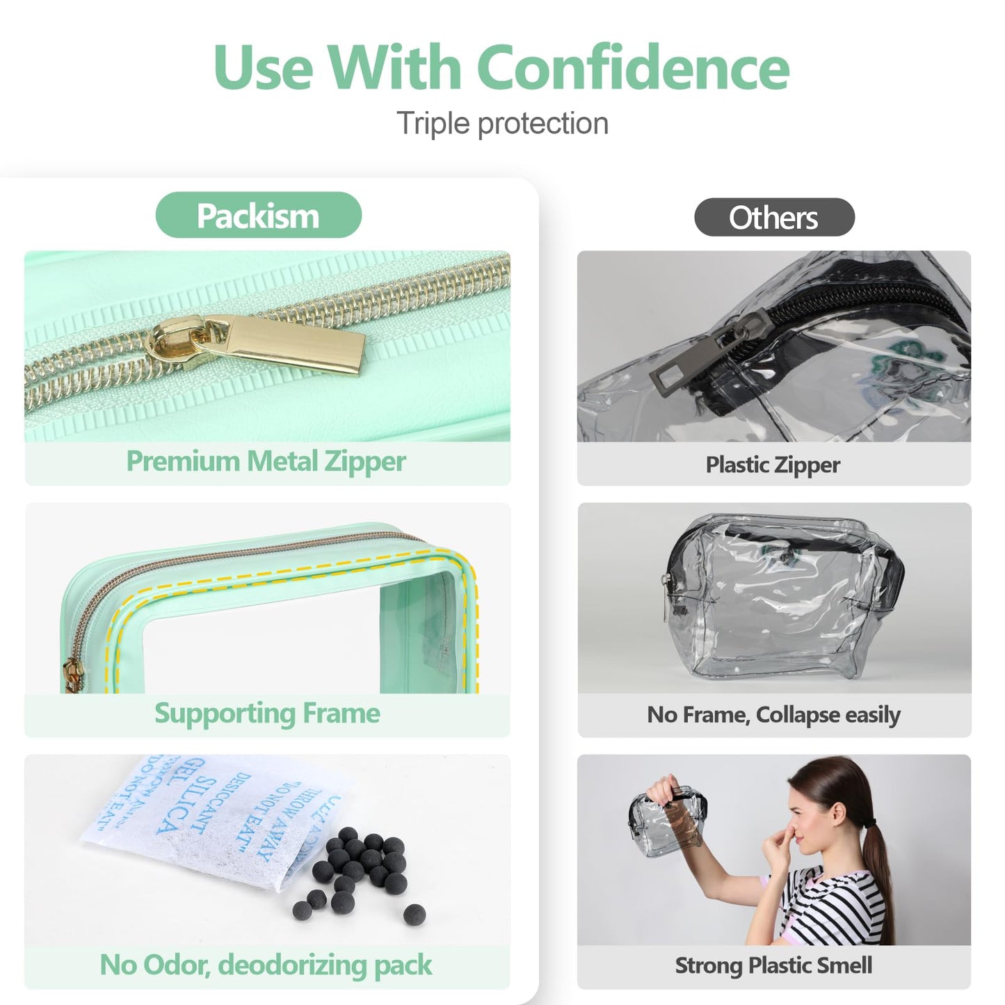 PACKISM TSA Approved Toiletry Bag - Light Green Turtle Leaves Print Clear Shell Bag and Upgrade Color-Edged Clear Toiletry Bags, Perfect for On the Go or Travel, Lightweight and Robust, 2 Pack