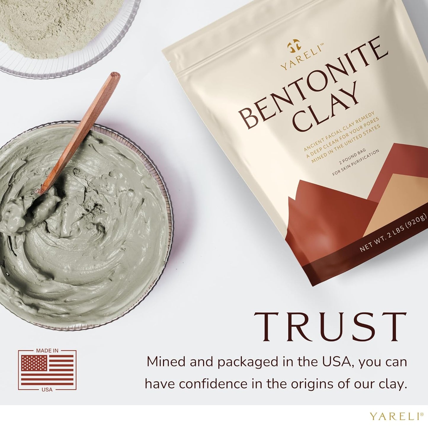 YARELI Bentonite Clay Powder - Pure Indian Healing Facial Mask & Cleansing Bath, 2lb (32oz)