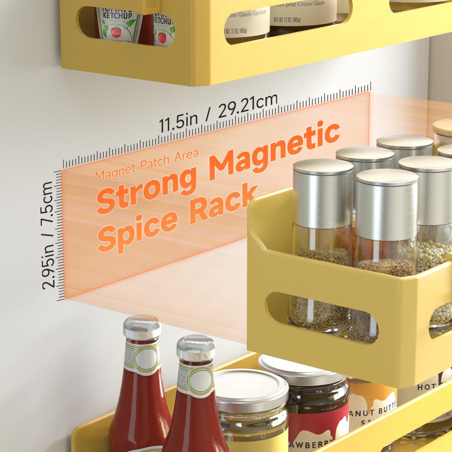 4 Pack Strong Magnetic Spice Rack for Refrigerator, Multipurpose Magnetic Shelf for Fridge with 4 Hooks for kitchen and Bathroom Organization, Black