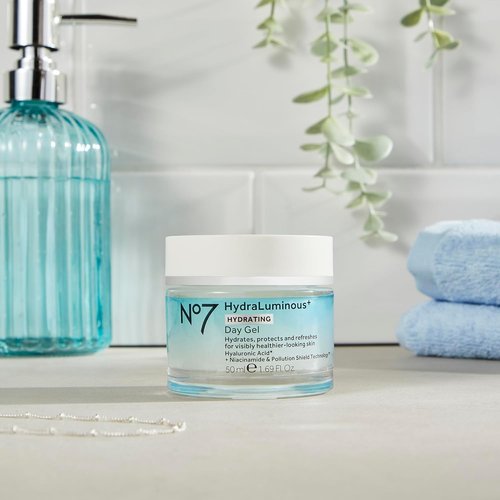 No7 HydraLuminous+ Hydrating Day Gel Moisturizer - Hyaluronic Acid & Vitamin B3 for Skin Hydration - 1.69 Fl Oz