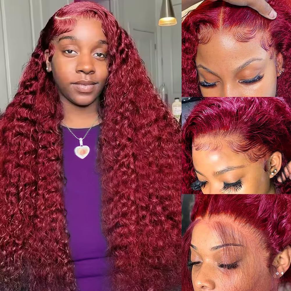 Skiennix 24-Inch 99J Burgundy Deep Wave Wig - HD Transparent Lace Front, 180 Density, Pre-Plucked
