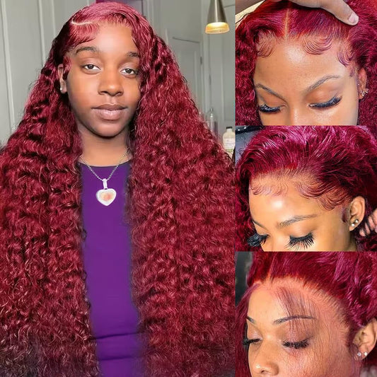 Skiennix 24-Inch 99J Burgundy Deep Wave Wig - HD Transparent Lace Front, 180 Density, Pre-Plucked