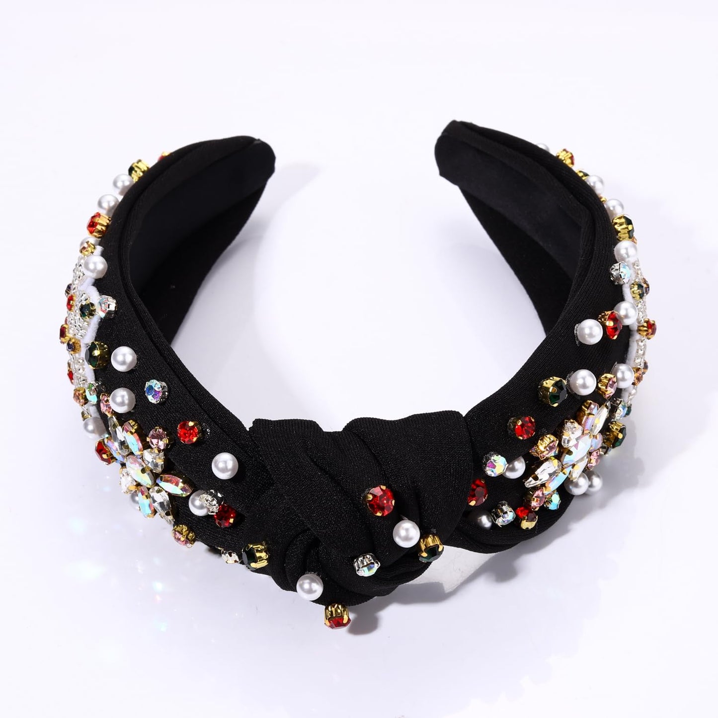 Christmas Holiday Headbands Accessories for Women Beaded Christmas Tree Headband Festive Xmas Knotted Headband Red Green Rhinestone Crystal Wide Top Knot Headband Holiday Gifts (Snowflake 2 - Black)