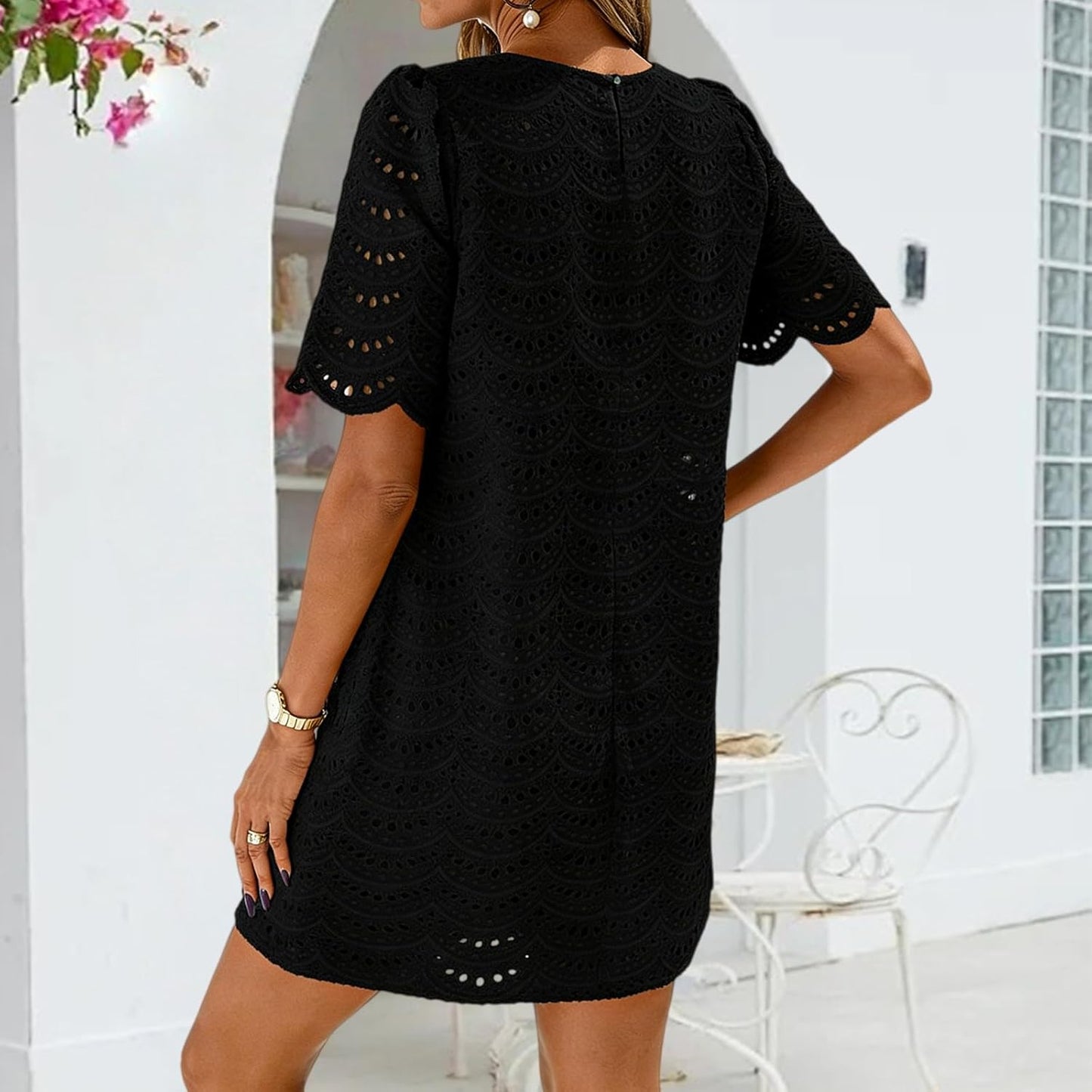 Skiennix Eyelet Dress for Women - Hollow Out Lace Boho Mini Dress | Casual Summer Short Sleeve