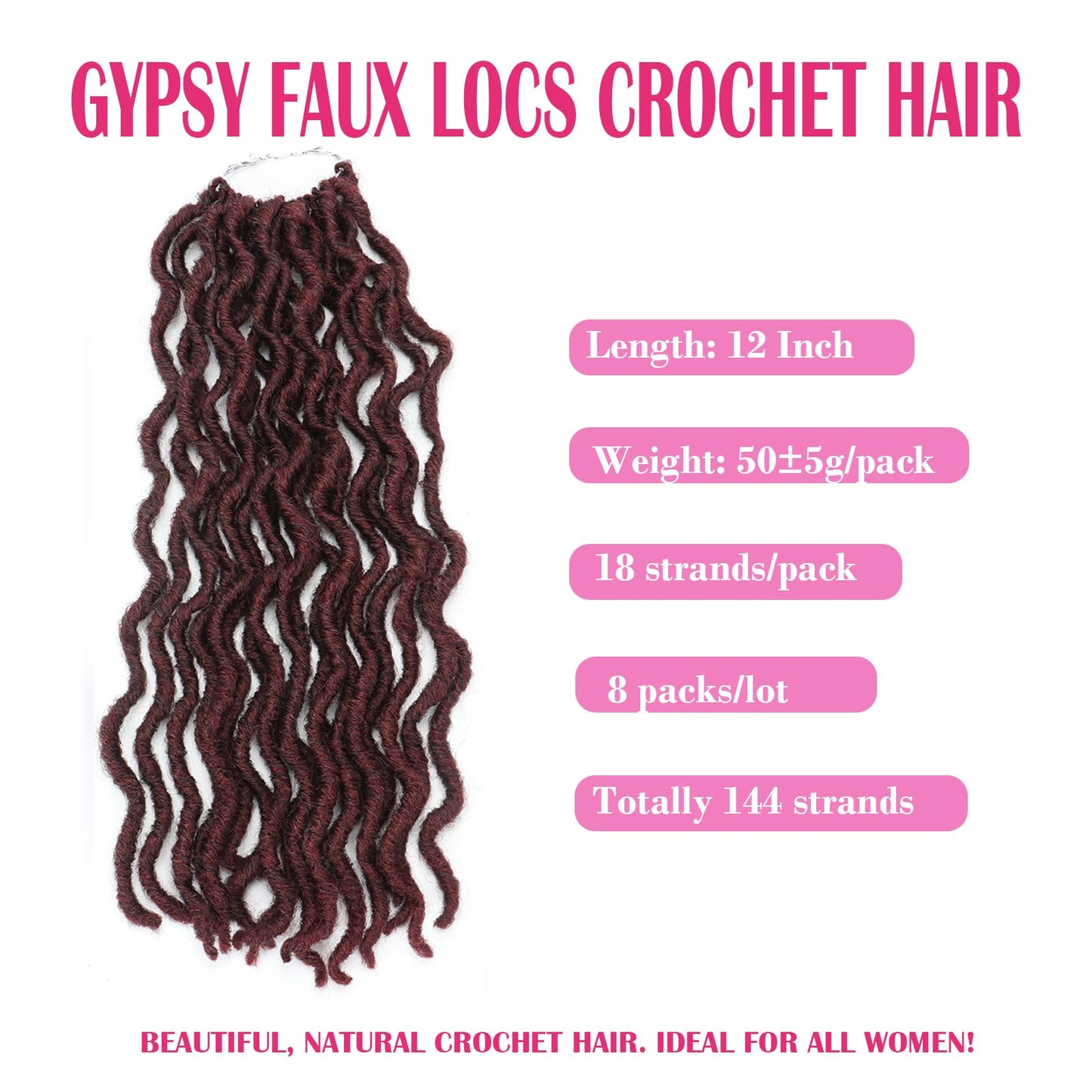 Gypsy Locs Crochet 12 Inch 8 Packs/Lot Ombre Goddess Wavy Faux Locs crochet hair natural looking and Pre-Looped Kanekalon Synthetic Crochet Braids Dreadlocks Hair Extensions (12inch,99J)