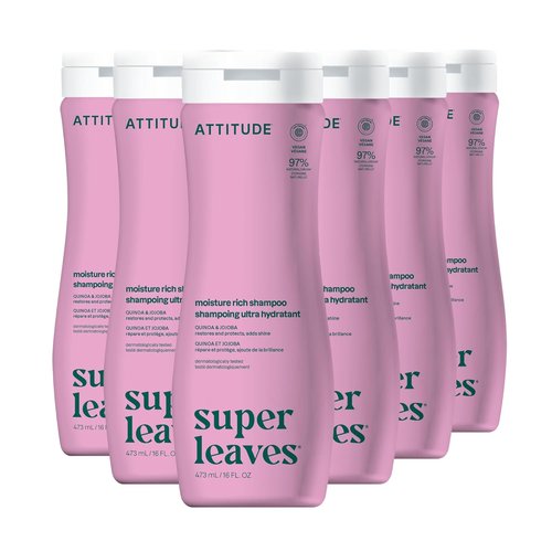 ATTITUDE Moisture Rich Hair Shampoo, EWG Verified, For Dry and Damaged Hair, Naturally Derived Ingredients, Vegan and Plant Based, Quinoa and Jojoba, 16 Fl Oz (Pack of 6)
