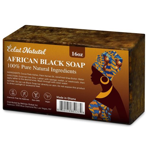 African Black Soap - 100% Pure & Natural | With Raw Shea Butter & Cocoa Pods Ash for Acne & Eczema Treatment - 1 LB (16 oz)
