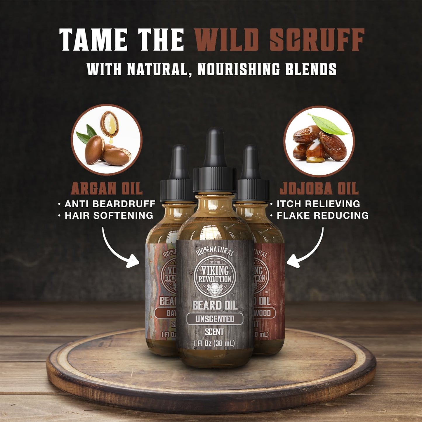 Viking Revolution Beard Oil - Natural Conditioning & Moisturizing Set | 3 Scents: Sandalwood, Unscented, Bay Rum (1oz Each)