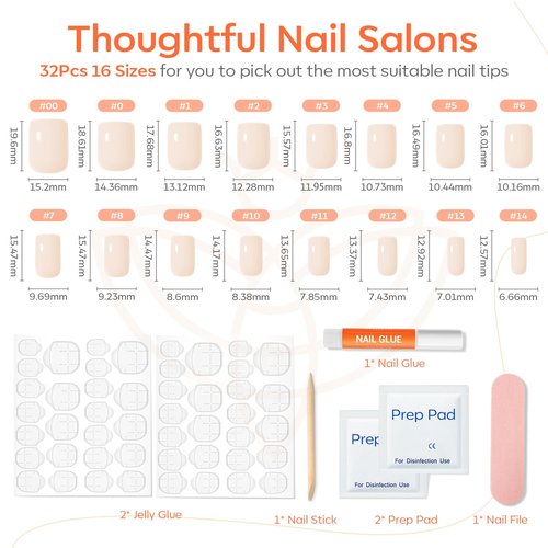 Modelones White Press on Nails, Short Square Fake Nails, Reusable Nail Kit with Nail Glue Adhesive Tabs Mini Nail File, Spring Nails Press Ons 32Pcs16 Sizes, Women Girl Gift