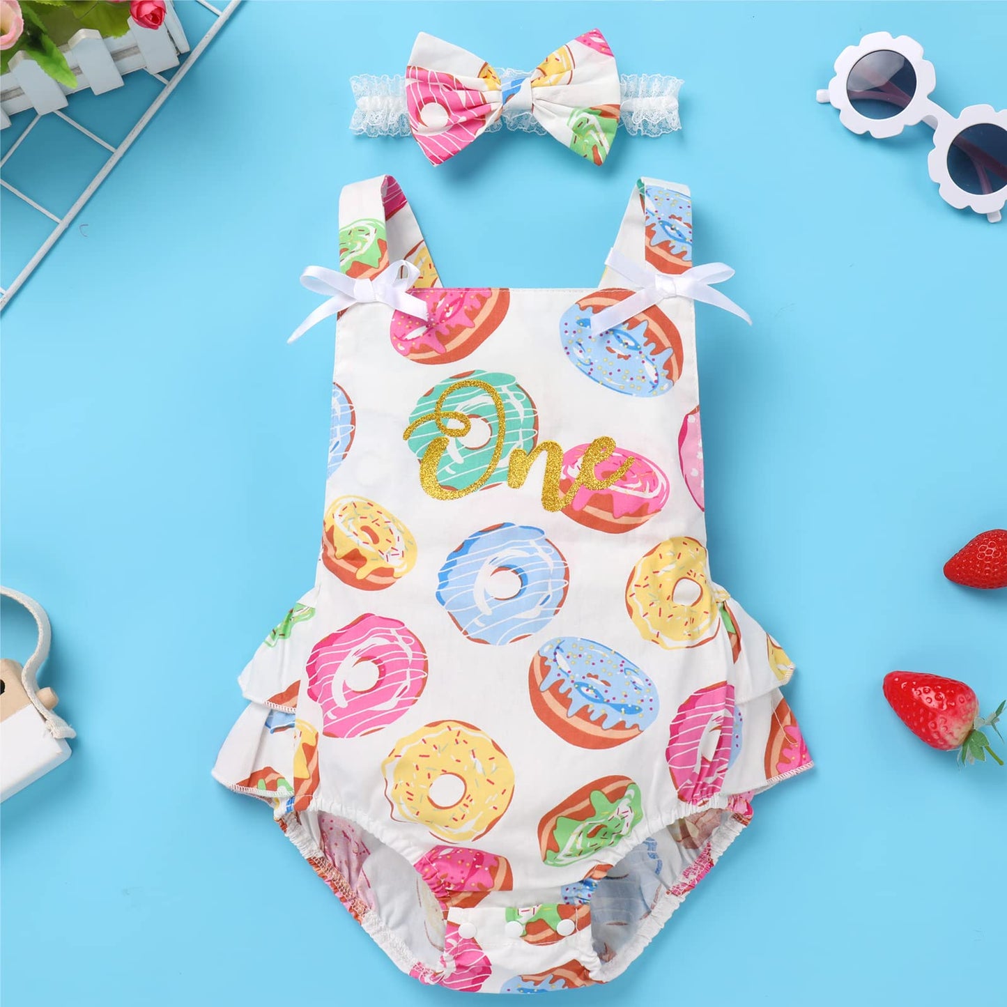 Infant Newborn Baby Girl Romper Toddler First Birthday Cake Smash Outfits Colorful Dunut Print Bubble Romper Photography Outfits Kids Easter Baptism Christening Onesie White-Donut (2PCS) 12-18 Months