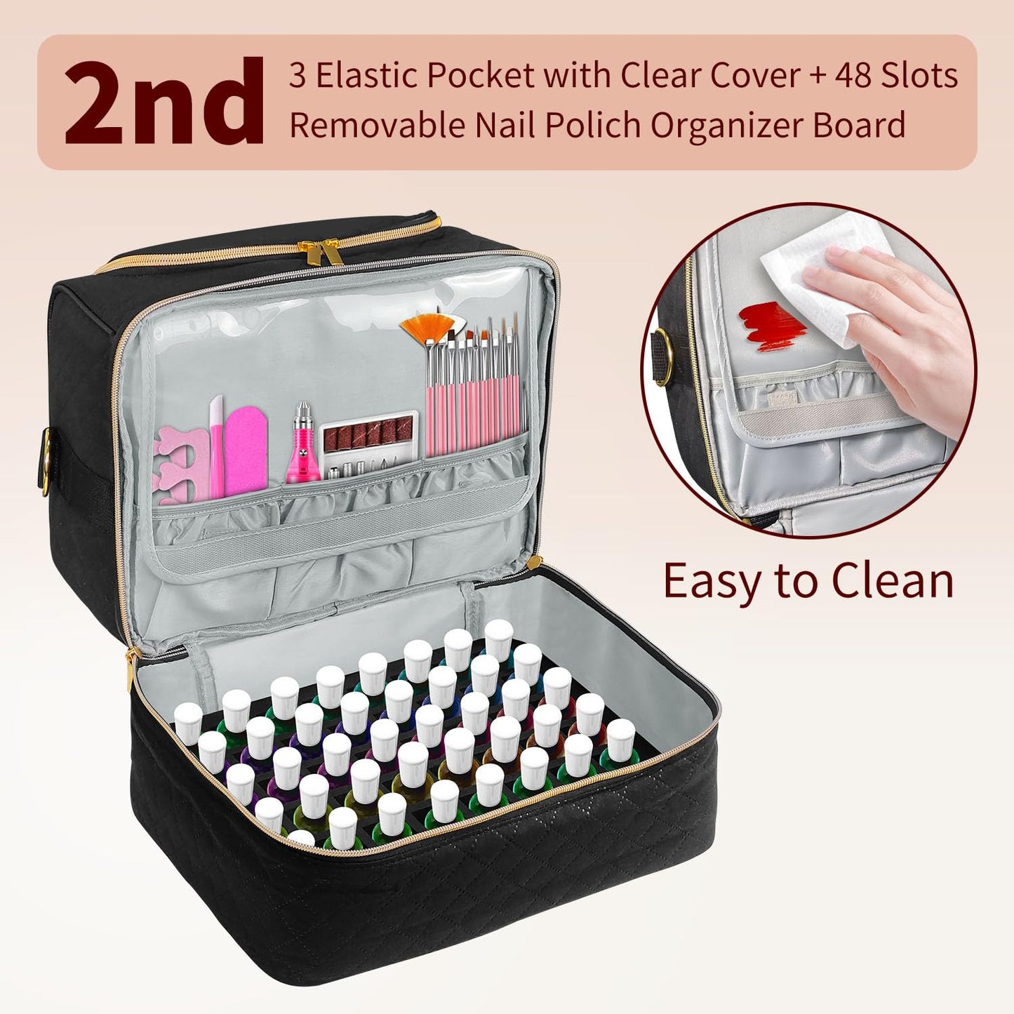 Nail Polish Carrying Case, Double-Layer Nail Polish Storage Bag- Fits Nail Dryer Lamp and 60 Bottles(15ml/0.5 fl.oz), Nail Polish Organizer bag with Dividers for Manicure Set