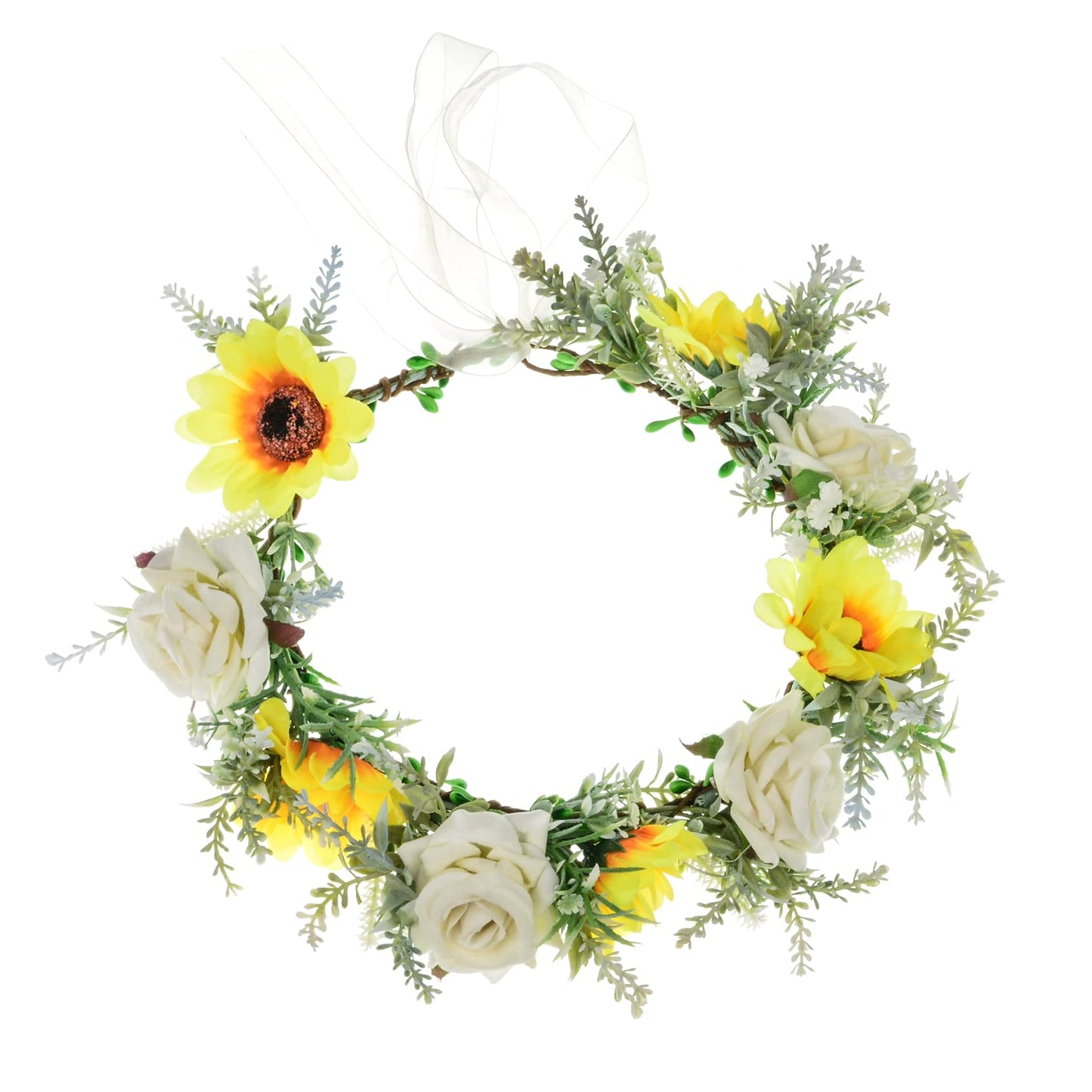 Love Sweety Women Velet Rose Floral Hair Wreath Greenery Leaf Flower Headband Sunflower Bridal Garland Halo Maternity Photograph (Sunflower White)