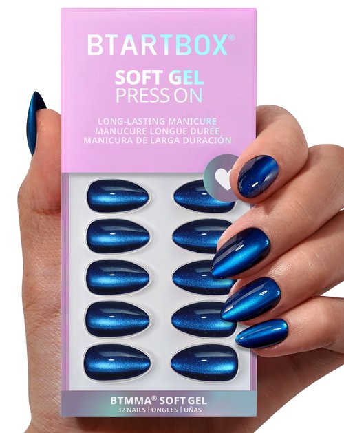 BTArtbox Press On Nails Almond - Forstbite Spell, Deep Blue Cat Eye Short Press On Nails with Glue for Women, Glossy Soft Gel Glue On Nails in 16 Sizes - 32 Stick On Nails Kit