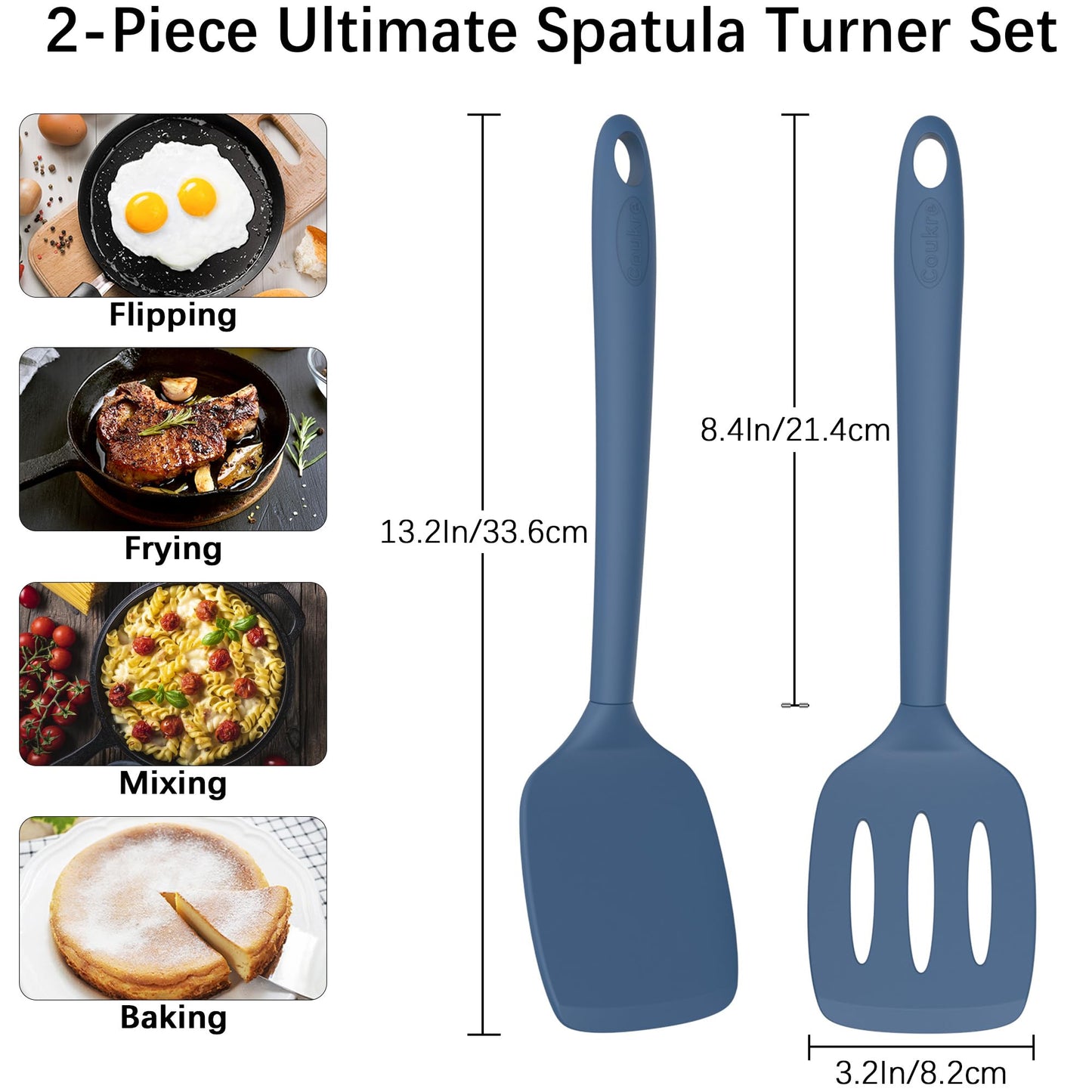 Coukre 2 Pack Silicone Spatula Set, High Heat Resistant, BPA Free Kitchen Spatula, Solid & Slotted Turner for Non-Stick Pans, Sautéing, and Flipping (2, AquaGreen)