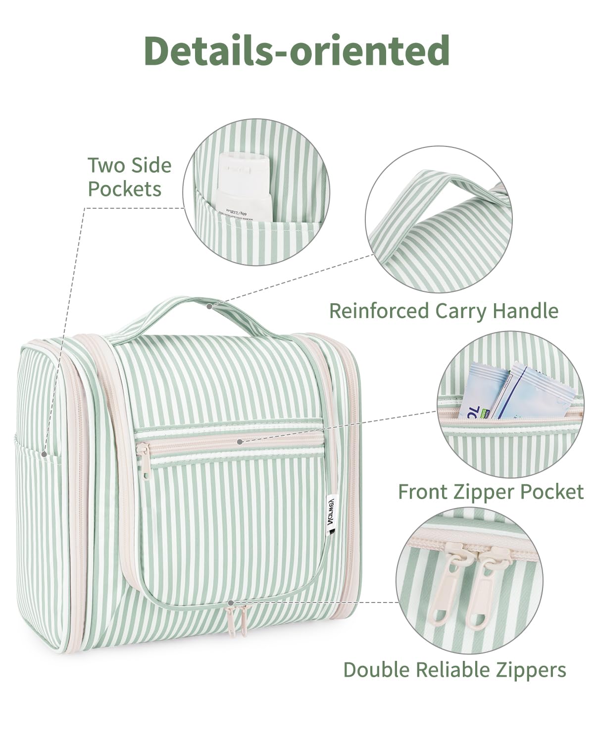 Narwey Striped Hanging Travel Toiletry Bag for Women, Travel Bag for Toiletries, Makeup Bag Organizer Cosmetic Bags Make Up Bags for Women (Mint Green Stripe)