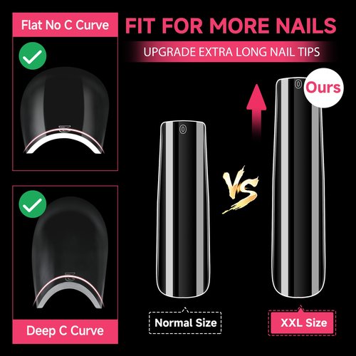 UNA GELLA XXL Long Square Nails Tips 216 PCS No C Curve Straight Nail Tips Full Cover Square Gel Tips Extra Long Nail Tips Clear False Fake Nails Gel Nail Extension for Nail Salon Home DIY 12 Sizes