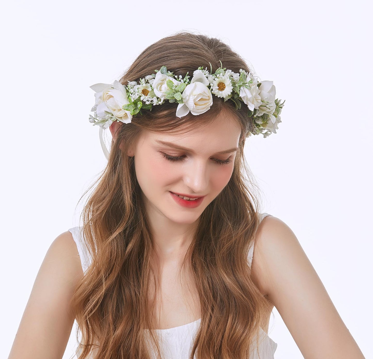 LLinfflr Wedding Floral Crown Flower Garland Headband Hair Wreath Floral Headpiece Halo Boho with Ribbon Party Prom Photos White