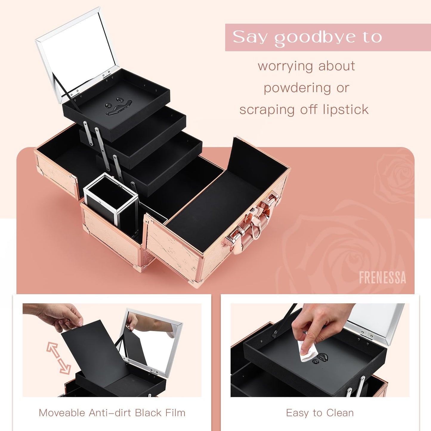 FRENESSA Makeup Train Case 11.8 Inch Extra Large Makeup Organizer Case 3 Trays with Mirror Cosmetic Travel Storage Box for Makeup Artist Nail Art Tech Sewing Supplies Travel Case Rose Gold Floral